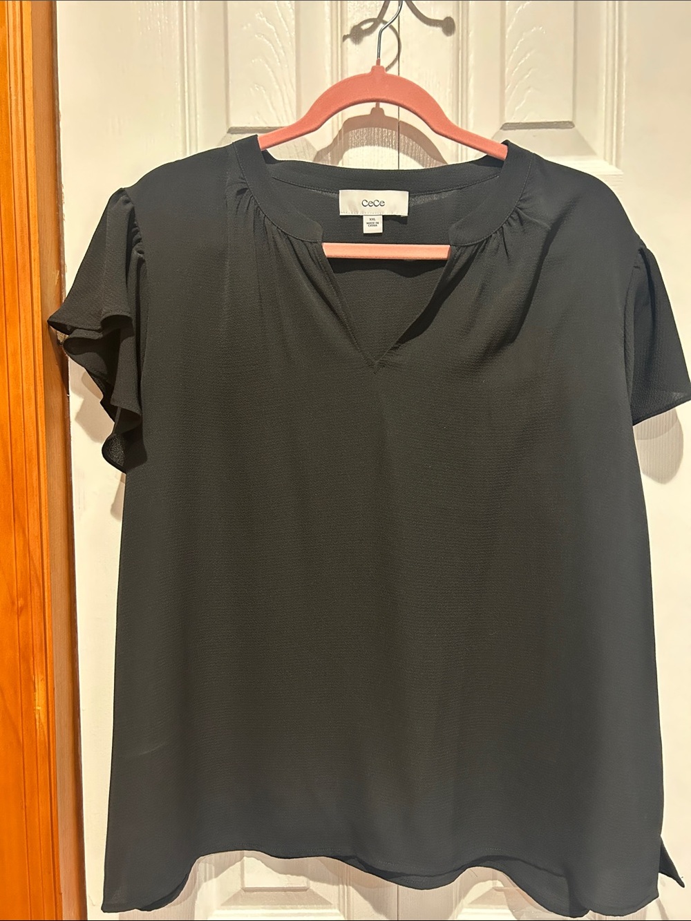 CeCe Black Ruffle Sleeve V-Neck Women's Top